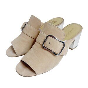 Marc Fisher Rima Tan Blush Suede Sandal Silver Block Heel Mule Slides Size 8